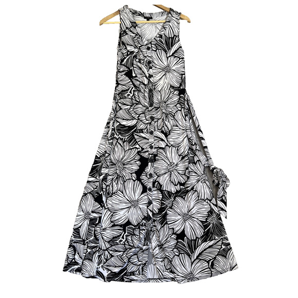 Talbots Dress Womens PP Black White Tropical Maxi Button Front Jersey Knit Belt - Picture 1 of 8